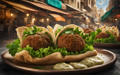 Egyptian falafel, deep green inside, tahini sauce, vibrant street market background