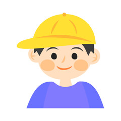 黄色いキャップを被った男の子の顔。フラットなベクターイラスト。
Boy's face wearing a yellow cap. Flat vector illustration.