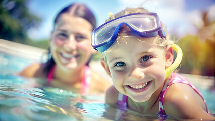 Primer plano de una niña en una piscina con gafas de buceo. Niña pequeña nadando en una piscina. Niña haciendo esnórquel en el agua. - obrazy, fototapety, plakaty