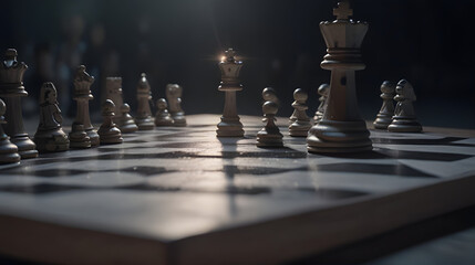 Chess pieces arranged on a wooden board atop a table, symbolizing strategy, competition, and success in the game of chess