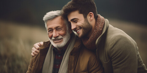 Adult son fun hugging old senior father