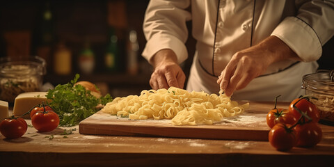 chef preparing pasta in restaurant