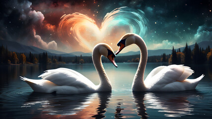 A pair of white swans in love on the lake and reflection on the water	 - obrazy, fototapety, plakaty