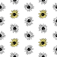 Seamless pattern with sunflowers. Sketch botanical pattern for fabric, textile and template. Vector