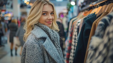 Fototapeta premium Happy smiling young blonde woman in gray coat choosing fashionable clothes in shopping mall