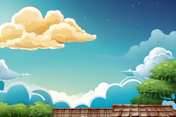  Clear sky with fluffy cartoon clouds, perfect for summer products.