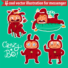 Four Playful Red Bunny Characters Vector Illustration for Messaging
