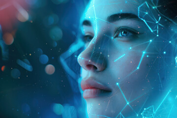 Close-up portrait of a woman with a glowing digital neural network pattern superimposed on her face, symbolizing the intersection of humanity and artificial intelligence. - obrazy, fototapety, plakaty