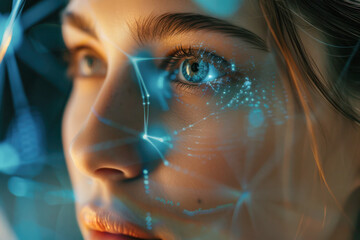 Close-up portrait of a woman with a glowing digital neural network pattern superimposed on her face, symbolizing the intersection of humanity and artificial intelligence. - obrazy, fototapety, plakaty