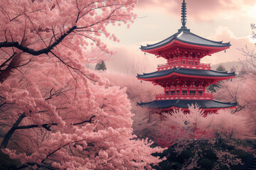 Obraz premium Sakura cherry blossom tree blossoms around traditional Japanese red pagoda in spring Generative AI