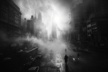 A lone figure walking down a bustling city street, surrounded by towering skyscrapers - obrazy, fototapety, plakaty