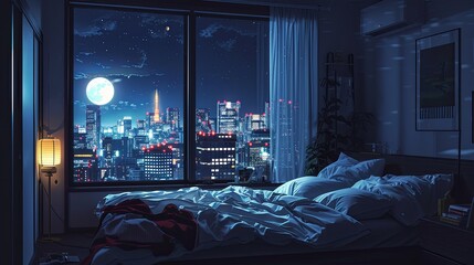 The moon illuminates a cityscape, as seen through the window of a bedroom with a comforting ambiance and soft bedding.  Urban Night Scene Viewed from Cozy Bedroom Interior lofi anime

 - obrazy, fototapety, plakaty