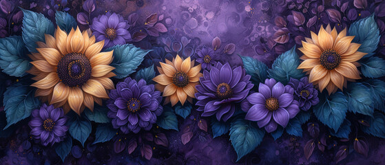 purple and yellow flowers are on a purple background with green leaves