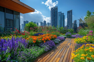 A lush green rooftop garden amidst towering skyscrapers