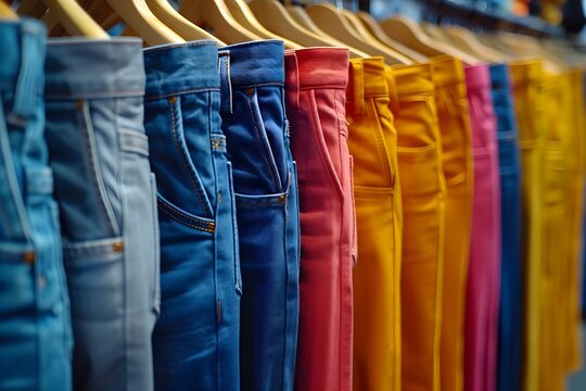 Colorful womens pants on plastic hangers for sale in a fashion store. Concept Fashion Retail, Women's Clothing, Colorful Pants, Store Display, Sales Promotion