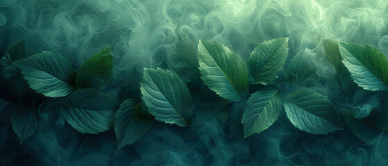 Fototapeta na wymiar a many green leaves on a dark background with smoke
