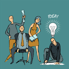 A team of company employees work together. Brainstorm. Idea. Sketch. Vector illustration.eps