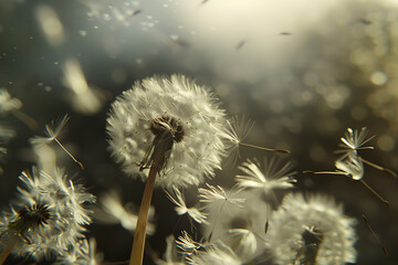 Ethereal dandelion seeds dispersing in the wind, with a soft-focus dark background, capturing the delicate nature of these wildflowers. Ideal for themes of change, growth, and natural beauty.