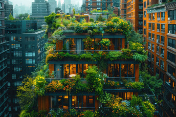 A lush green rooftop garden amidst towering skyscrapers