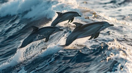 Fototapeta premium beautiful dolphins jumping over breaking sea waves.AI generated image