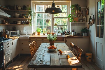 Cozy and Inviting Kitchen and Dining Room Interior with Soft Lighting Subtle Textures and Harmonious Colors in Documentary Photography Style