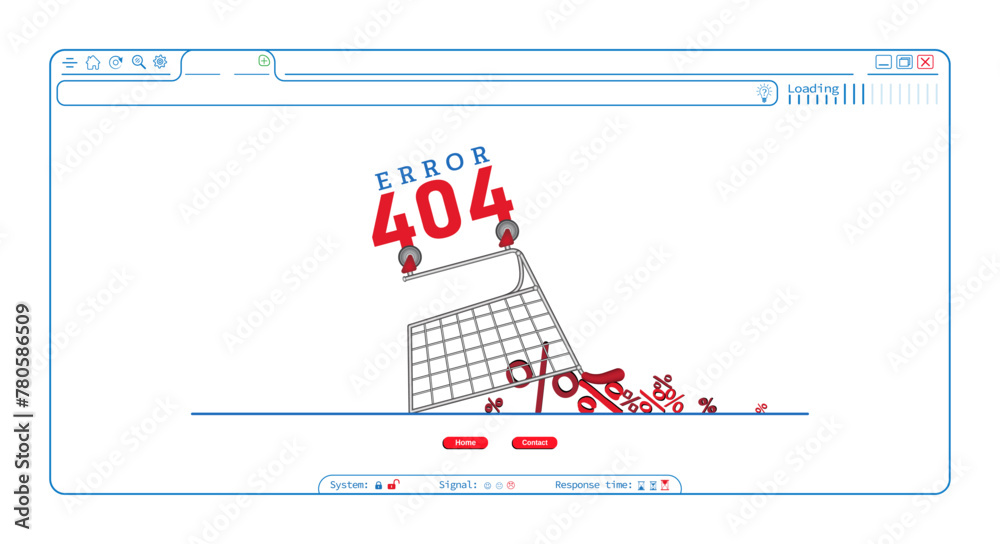 Sticker error 404 abstract browser homepage design with shopping cart, percentage vector. webpage internet s