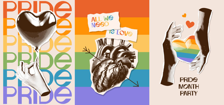 Set of vertical flyers on the theme of pride month in retro halftone collage style. Vector illustration of female hands with halftone effect, human heart, palm holding heart shaped balloon.