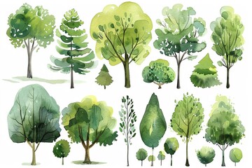 Collection of watercolor green trees, different shapes and sizes, isolated for flexible landscape architecture use