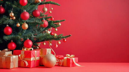 Traditional Christmas tree with star and balls and baubles on a red background. Red wrapped and gold boxes with gifts under a Christmas tree. Christmas gifts concept