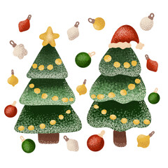 Set Christmas tree with holiday ornaments with red Santa hat and garlands, textured 