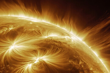 Image of solar flares. Solar prominence, solar flare, and magnetic storms. Influence of the sun`s surface on the earth`s magnetosphere. - obrazy, fototapety, plakaty