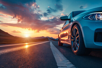 Economical car traveling on an open road at sunset, capturing the essence of daily trips