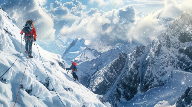 Group of climbers reaches the top of a mountain with a snowy field .AI generated image