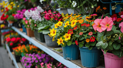 "Blooming Variety"
"Shelves of vibrant blooming flowers in diverse pots create a lively display, inviting garden enthusiasts."