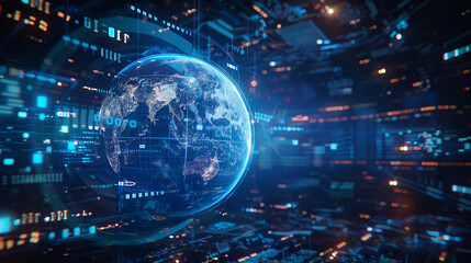 Modern data screen with 3D Earth, Asia in focus, surrounded by blue light hints and tech motifs - obrazy, fototapety, plakaty