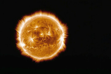Flashes, storms on the Sun in space. Solar flares is a sudden flash of increased brightness on the Sun. Solar flares distorting radio waves on earth - obrazy, fototapety, plakaty