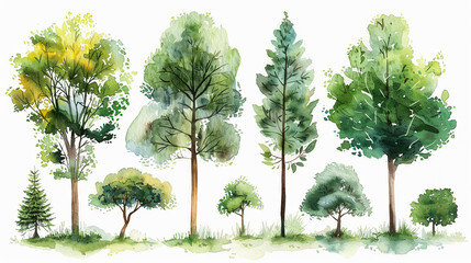 Fototapeta premium Set of realistic green trees in watercolor, isolated on white, essential elements for garden and environmental designs