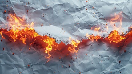 Smoldering paper with embers and flames, set on a clean white background