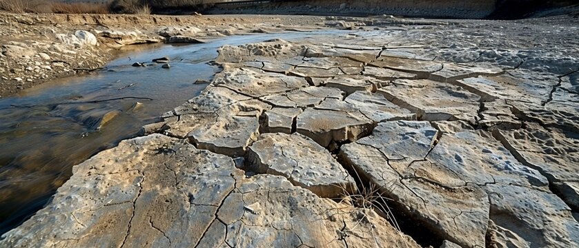 Close up of a parched riverbed, illustrating the drought effect of global warming, desolate and severe