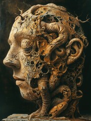 Abstract surrealism artwork presenting a human head entangled with a mesmerizing parasite, blurring the lines between reality and imagination.