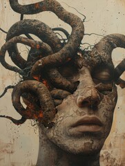 Abstract surrealism artwork presenting a human head entangled with a mesmerizing parasite, blurring the lines between reality and imagination.