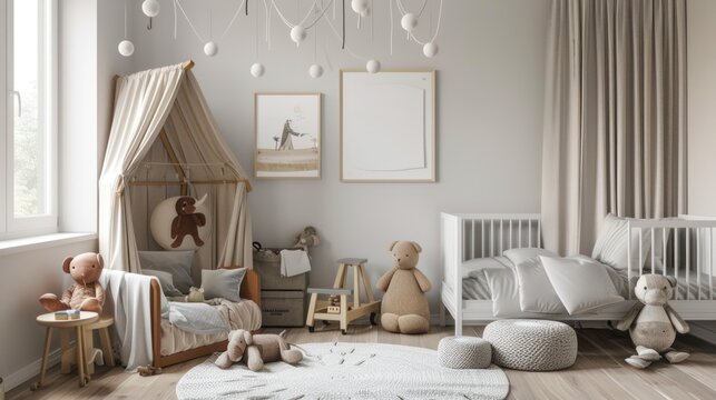 Modern children's room interior with beautiful pictures and bed .AI generated image