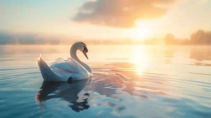 Deurstickers Swans swimming in the river at sunrise.AI generated image © Daisha