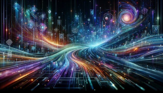 Abstract tech matrix, glittering with dynamic code scripts, serving as a visual ode to the essence of software innovation.