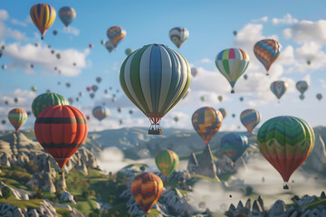 Obraz premium Colorful hot air balloons soaring high during a vibrant festival celebration, creating a picturesque and exhilarating scene