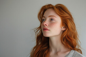 A minimalist portrait of a redhead female model against a white background