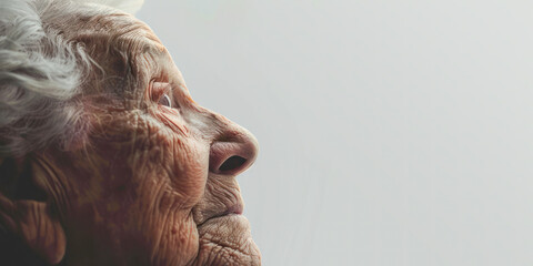 A gentle and poignant side profile of an elderly woman's face, emphasizing the beauty of age and the depth of life's experiences. - obrazy, fototapety, plakaty