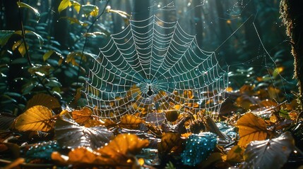 An arthropods spider web made of natural material is intricately woven among leaves in a forest, creating a beautiful pattern while capturing insects for the terrestrial animal