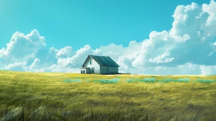 Rolgordijnen green and blue minimalist style endless prairie with small house illustration poster background © jinzhen