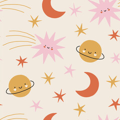 Vector seamless pattern with cute smiling stars and planets. Adorable kids vector pattern for holiday design, Valentines day, fabric, nursery. Lovely baby background with cosmos in flat style